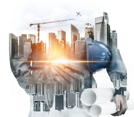 Future building construction engineering project concept with double exposure graphic design. Building engineer, architect people or construction worker working with modern civil equipment technology.
